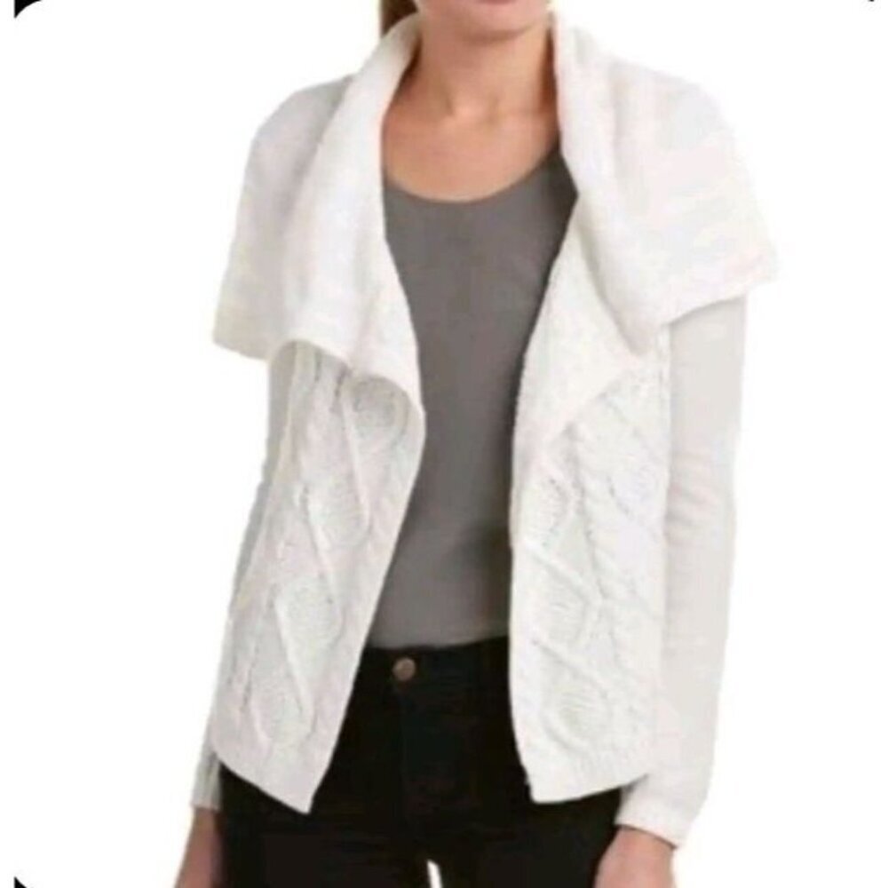 CAbi Cardigan Women's L White Cable Knit Open Sweater Preppy Luxury Minimalist